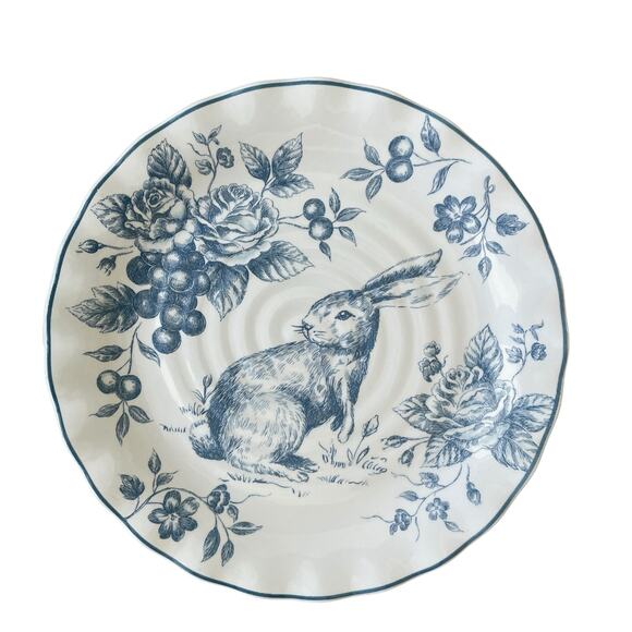 NEW Maxcera Blue Toile Bunny Rabbit Salad Plates 9.5" Scalloped Easter Set of 4 - Picture 2 of 6